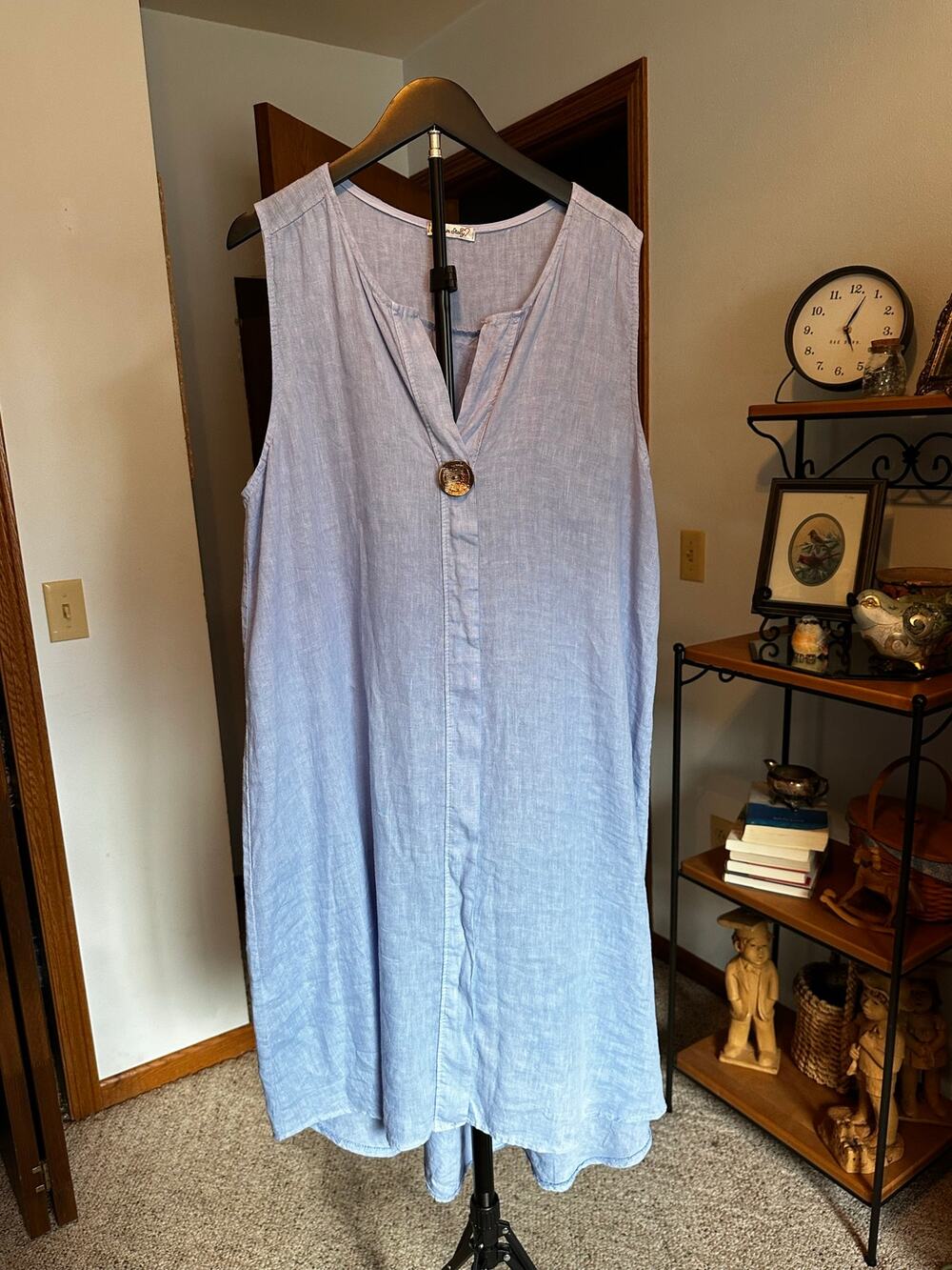 Made in Italy 100% Linen Sleeveless Shirtdress Chambray Blue Midi Lagenlook